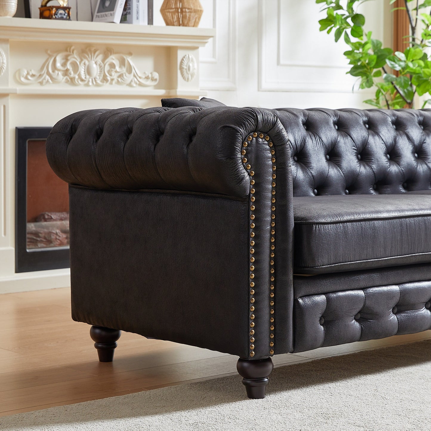 Black 85.5 Tech Fabric 3-seater Rolled Arms Chesterfield Button Sofa with 2 Cushions for Living Room