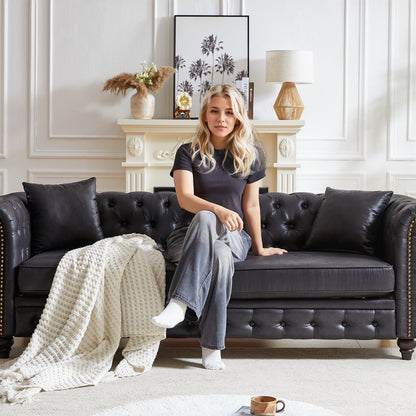 Black 85.5 Tech Fabric 3-seater Rolled Arms Chesterfield Button Sofa with 2 Cushions for Living Room