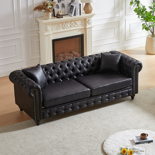 Black 85.5 Tech Fabric 3-seater Rolled Arms Chesterfield Button Sofa with 2 Cushions for Living Room