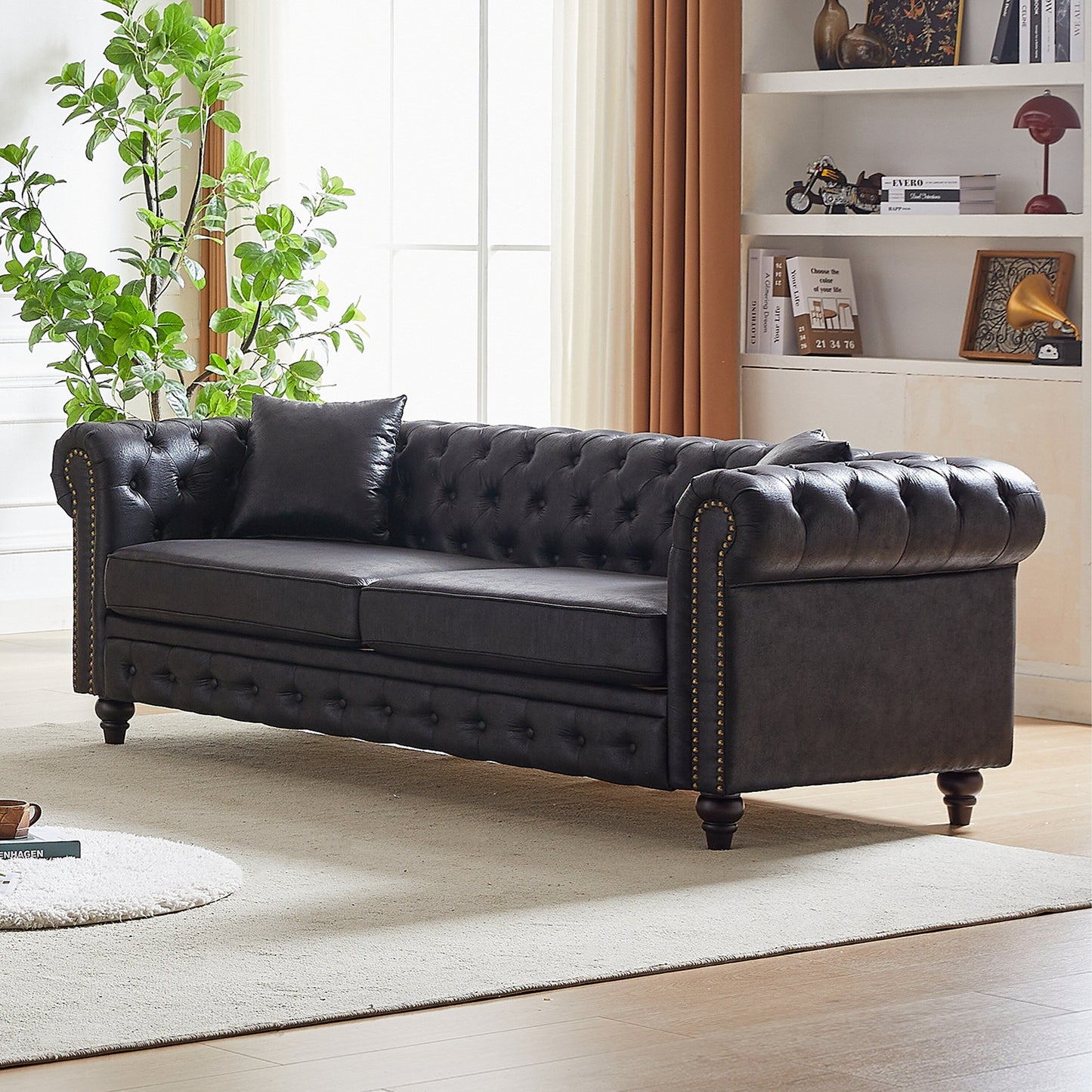 Black 85.5 Tech Fabric 3-seater Rolled Arms Chesterfield Button Sofa with 2 Cushions for Living Room