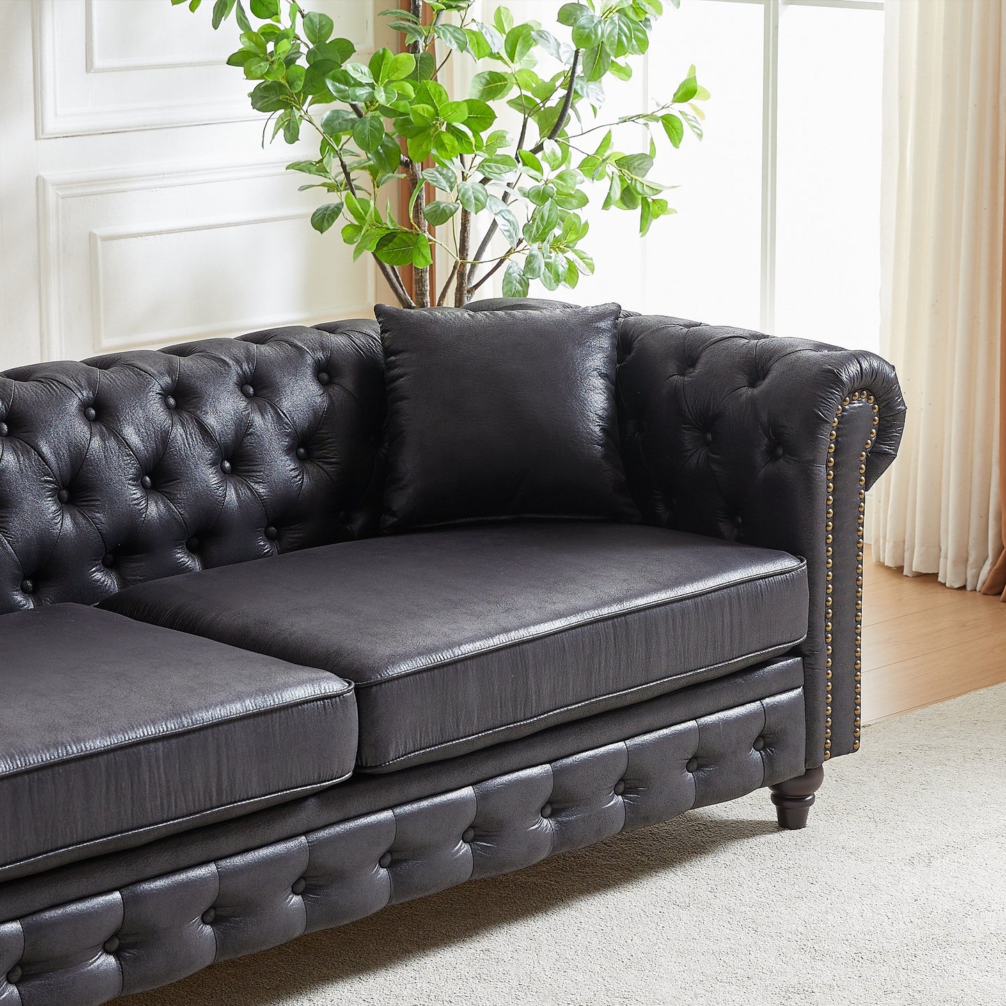 Black 85.5 Tech Fabric 3-seater Rolled Arms Chesterfield Button Sofa with 2 Cushions for Living Room