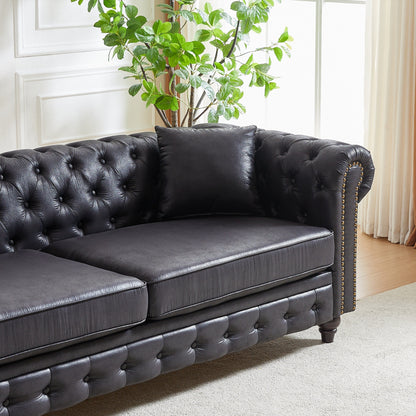 Black 85.5 Tech Fabric 3-seater Rolled Arms Chesterfield Button Sofa with 2 Cushions for Living Room
