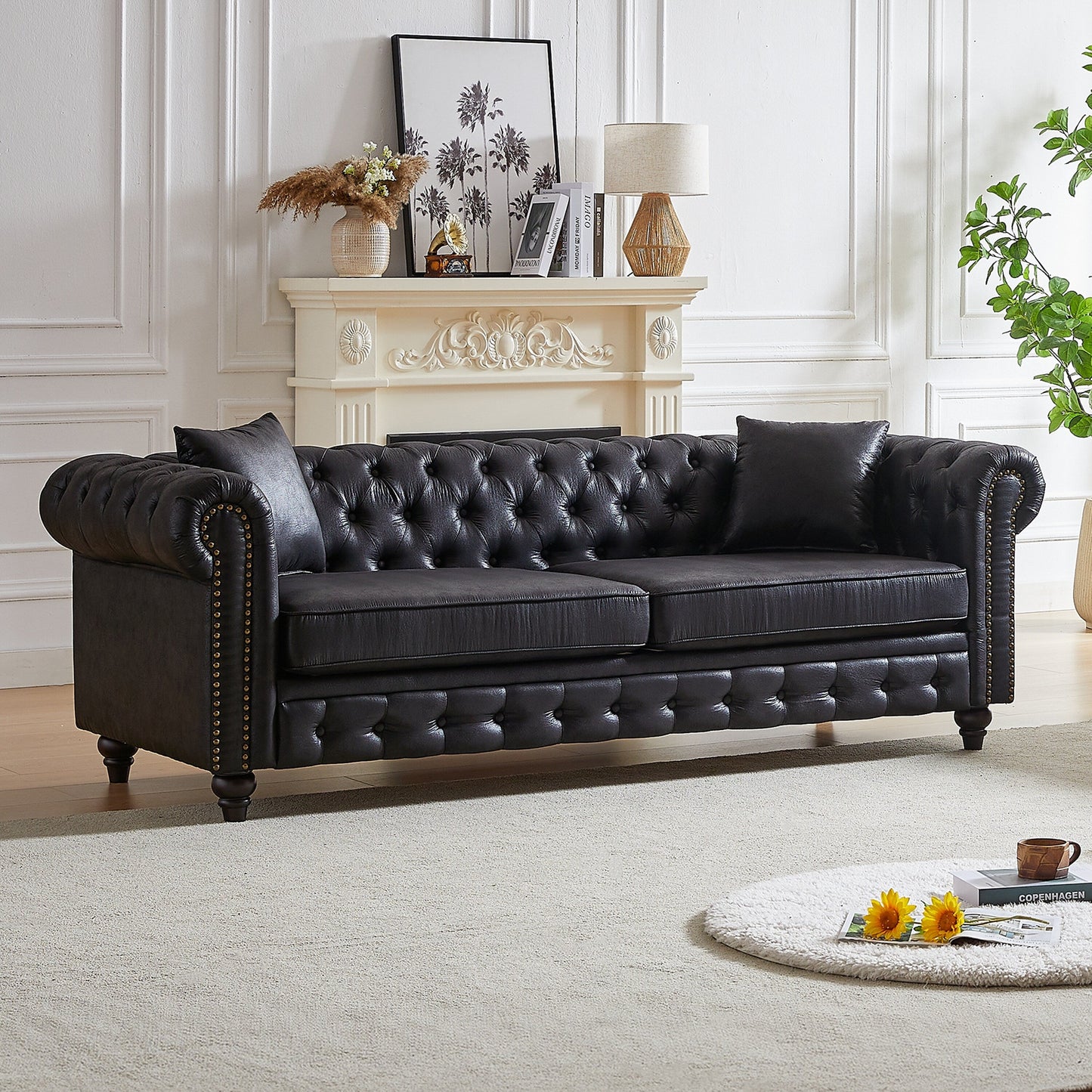 Black 85.5 Tech Fabric 3-seater Rolled Arms Chesterfield Button Sofa with 2 Cushions for Living Room
