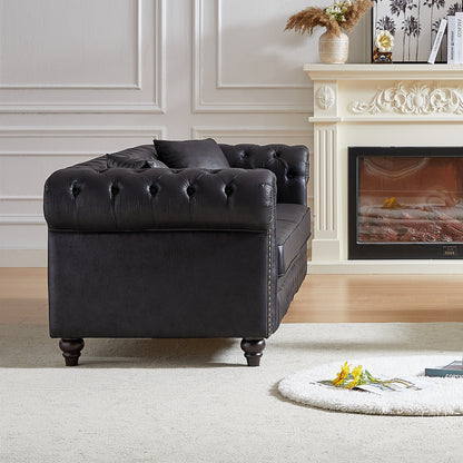 Black 85.5 Tech Fabric 3-seater Rolled Arms Chesterfield Button Sofa with 2 Cushions for Living Room