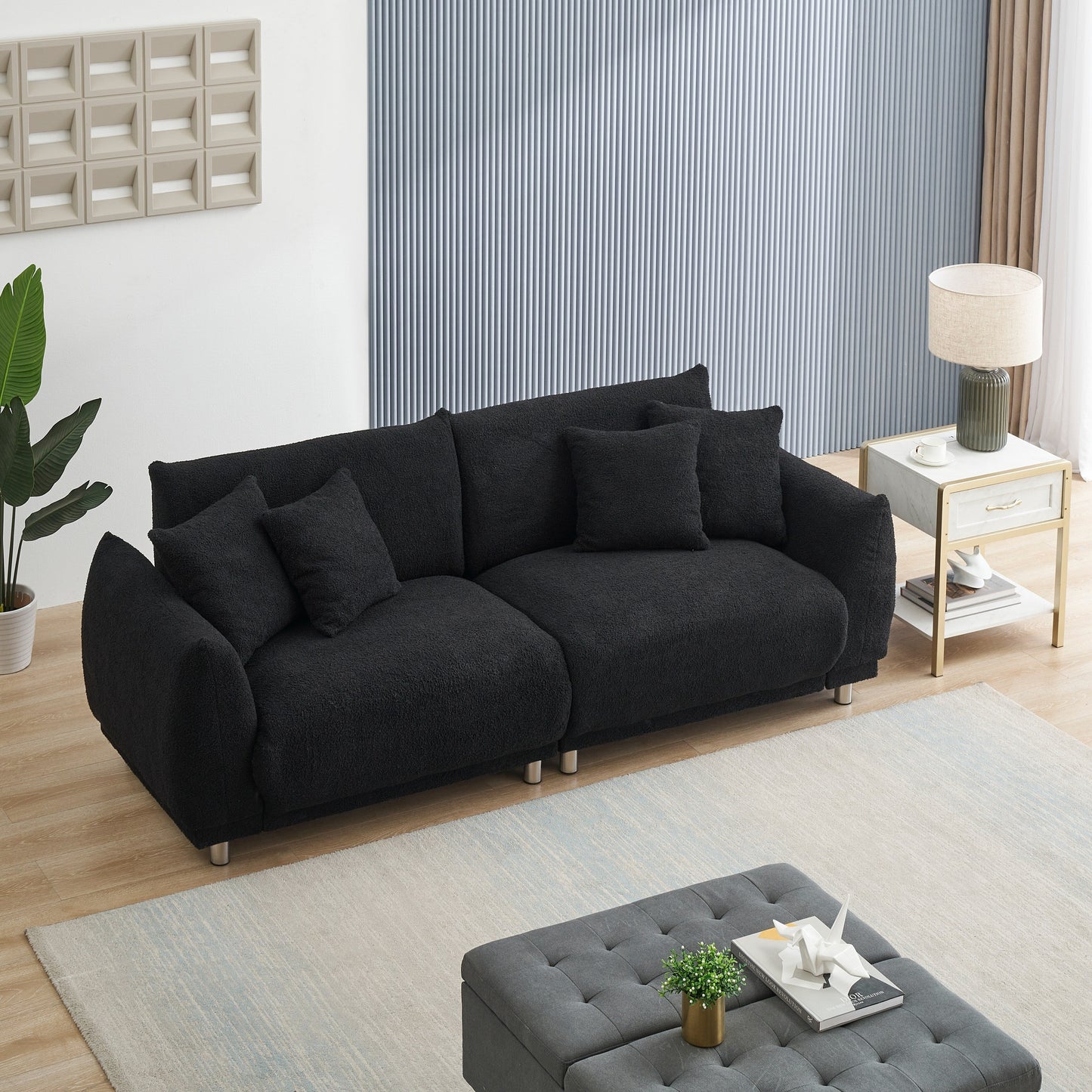 Black 86.6'' Compact Teddy Wool 3-Seater Sofa with Stain-Resistant Upholstery, Metal Legs, and 4 Pillows