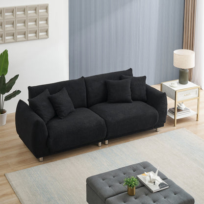 Black 86.6'' Compact Teddy Wool 3-Seater Sofa with Stain-Resistant Upholstery, Metal Legs, and 4 Pillows