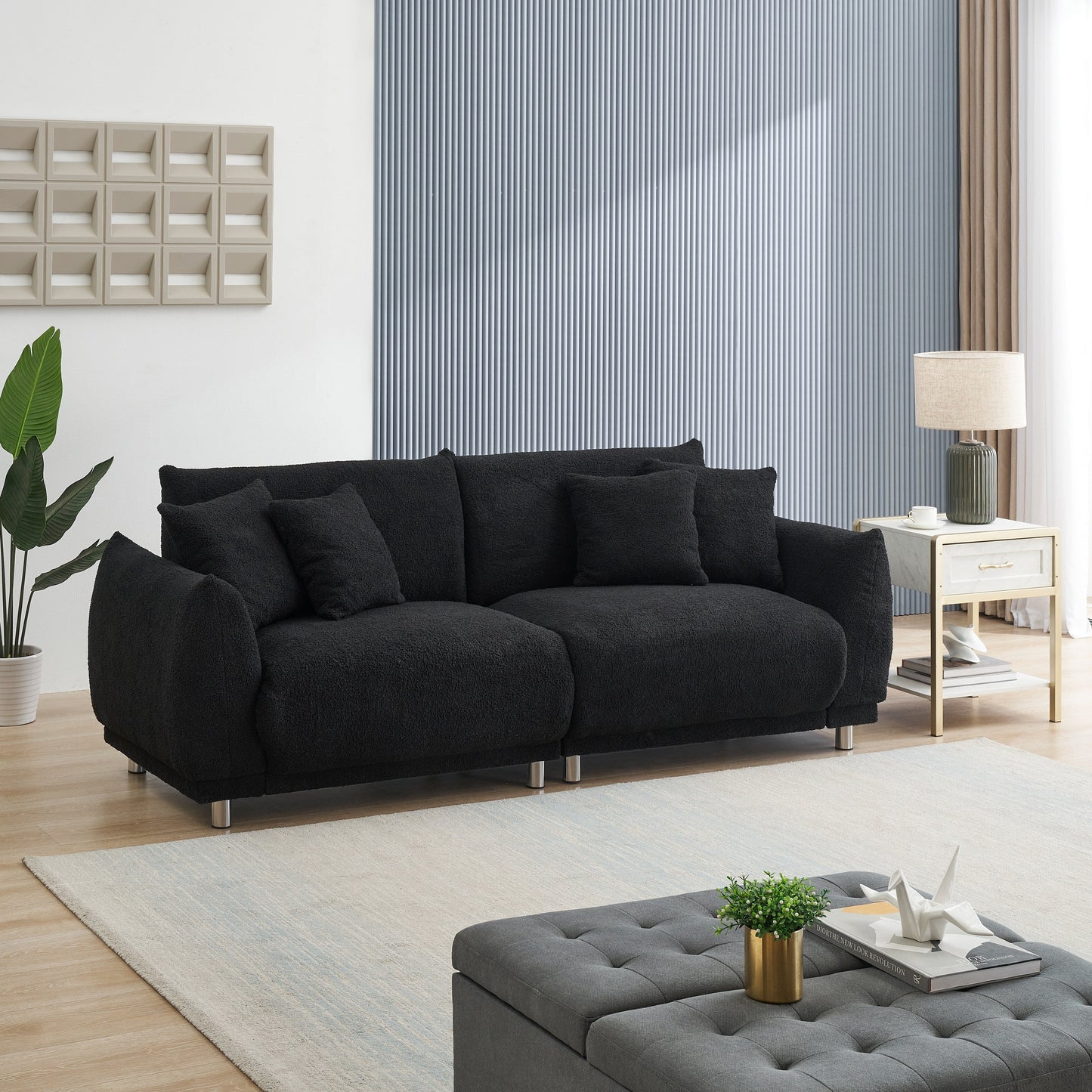 Black 86.6'' Compact Teddy Wool 3-Seater Sofa with Stain-Resistant Upholstery, Metal Legs, and 4 Pillows
