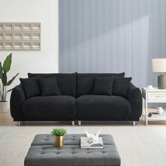 Black 86.6'' Compact Teddy Wool 3-Seater Sofa: Stain-Resistant Upholstery, Metal Legs, and 4 Decorative Pillows