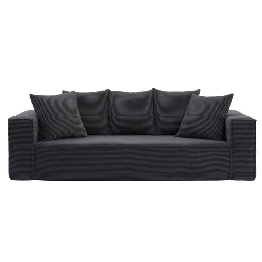 Black 88.97'' Corduroy 3-Seater Sofa with 5 Toss Pillows, Sleek Modular Design for Modern Living Room