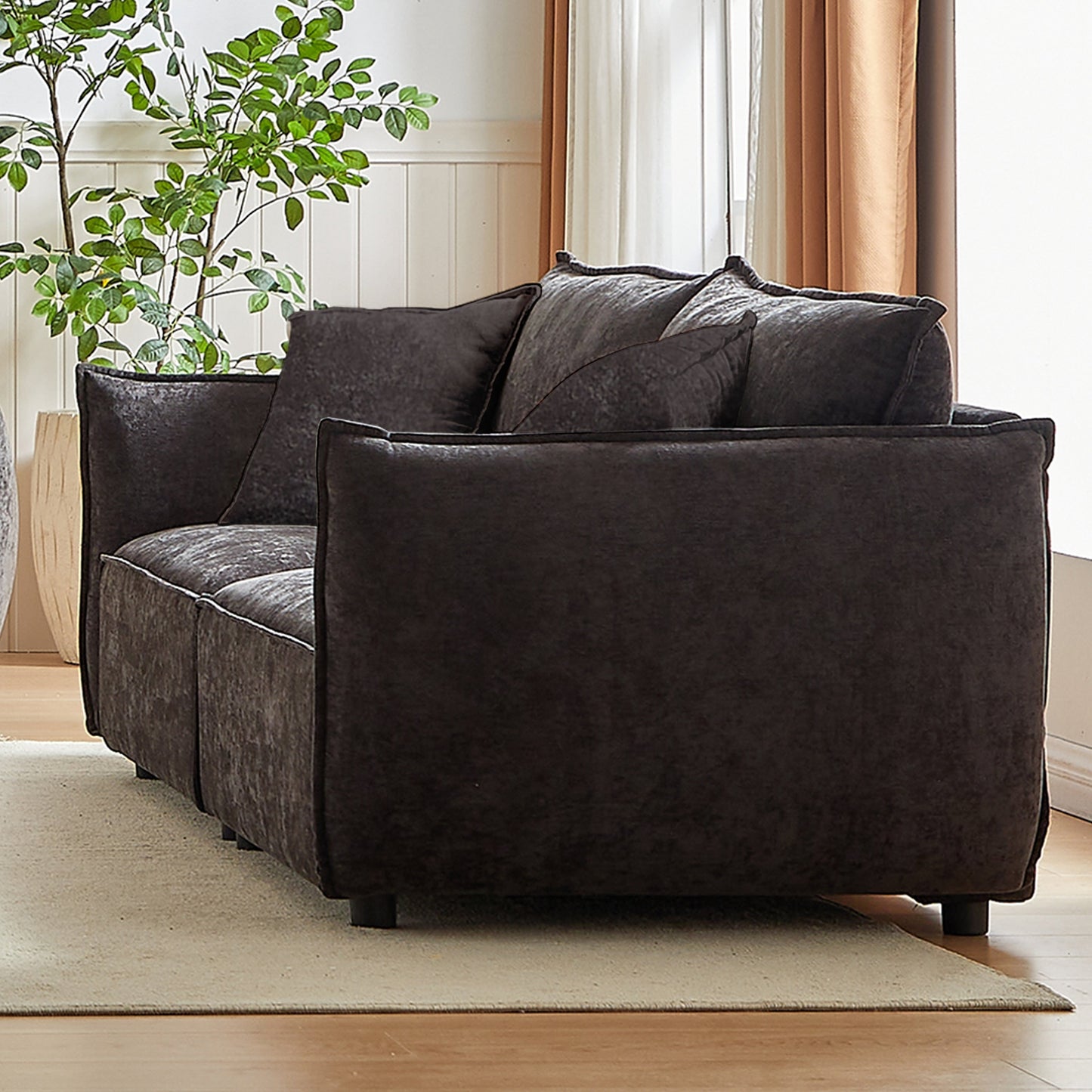 Black Chenille 3-seater Sofa with Extra Pillows