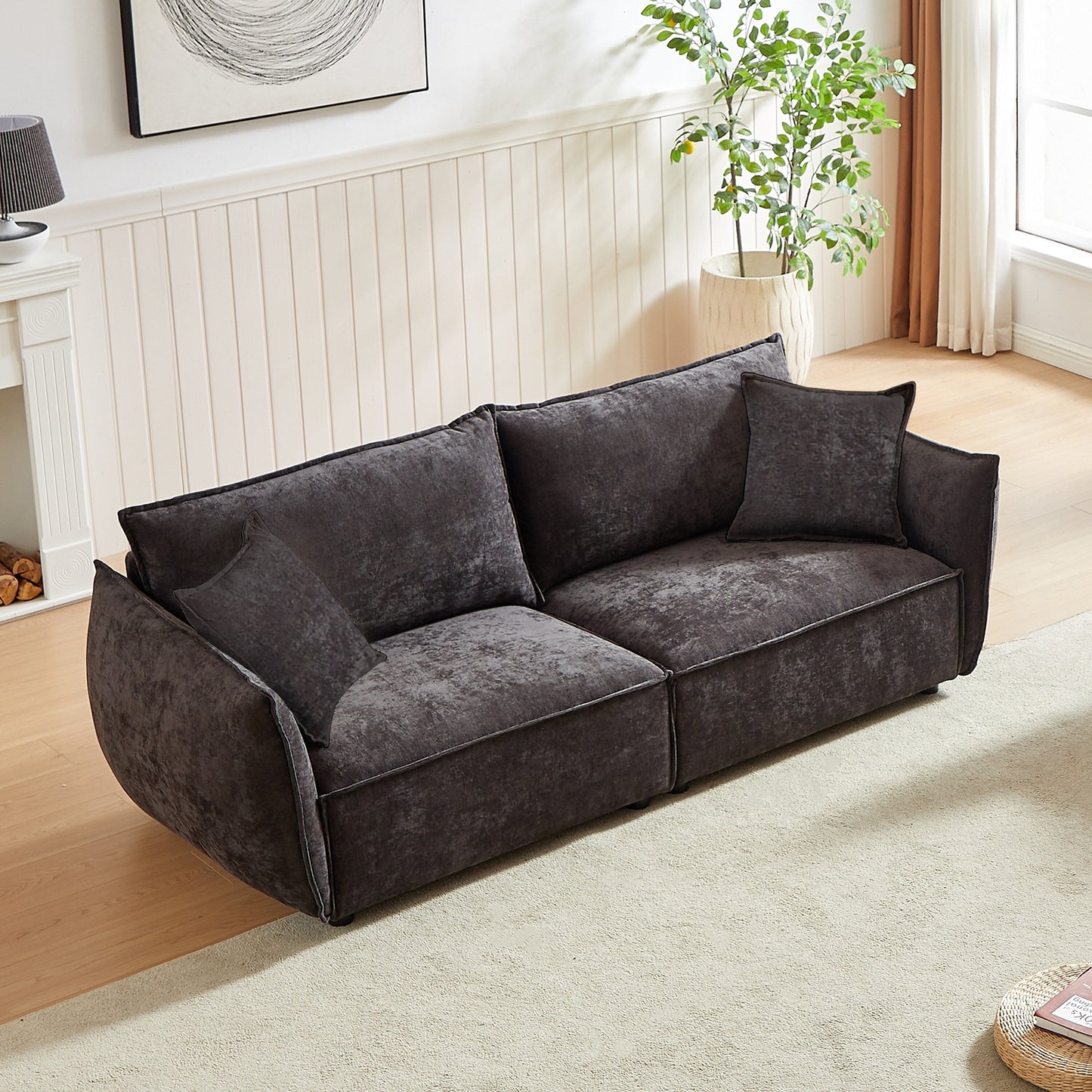 Black Chenille 3-seater Sofa with Extra Pillows