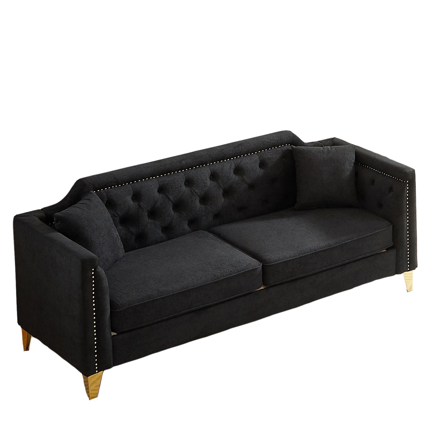 Black Chenille 3-seater Tufted Sofa with Copper Nail Decoration