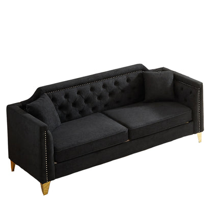 Black Chenille 3-seater Tufted Sofa with Copper Nail Decoration