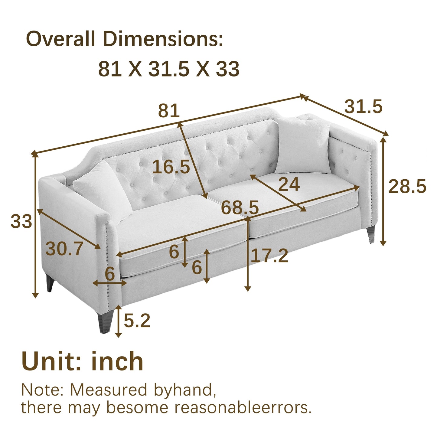 Black Chenille 3-seater Tufted Sofa with Copper Nail Decoration