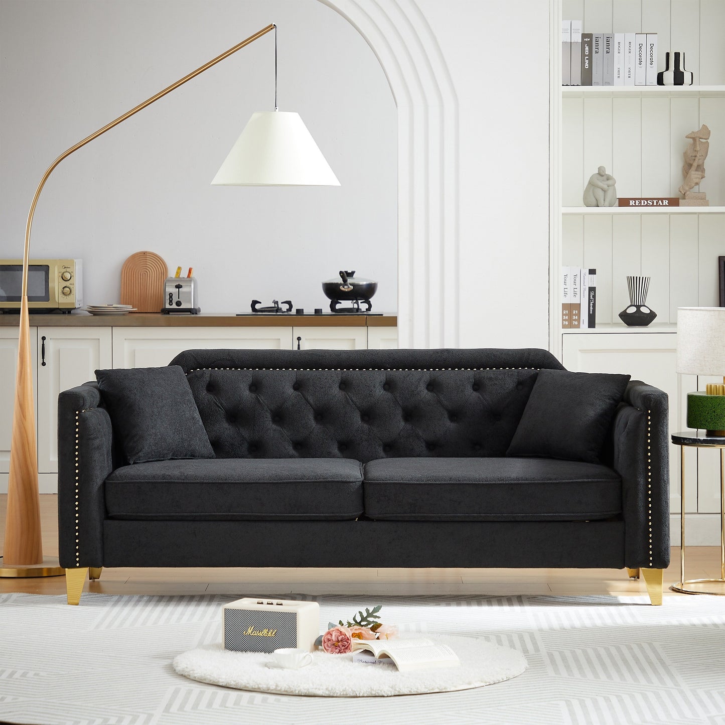 Black Chenille 3-seater Tufted Sofa with Copper Nail Decoration