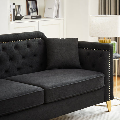 Black Chenille 3-seater Tufted Sofa with Copper Nail Decoration