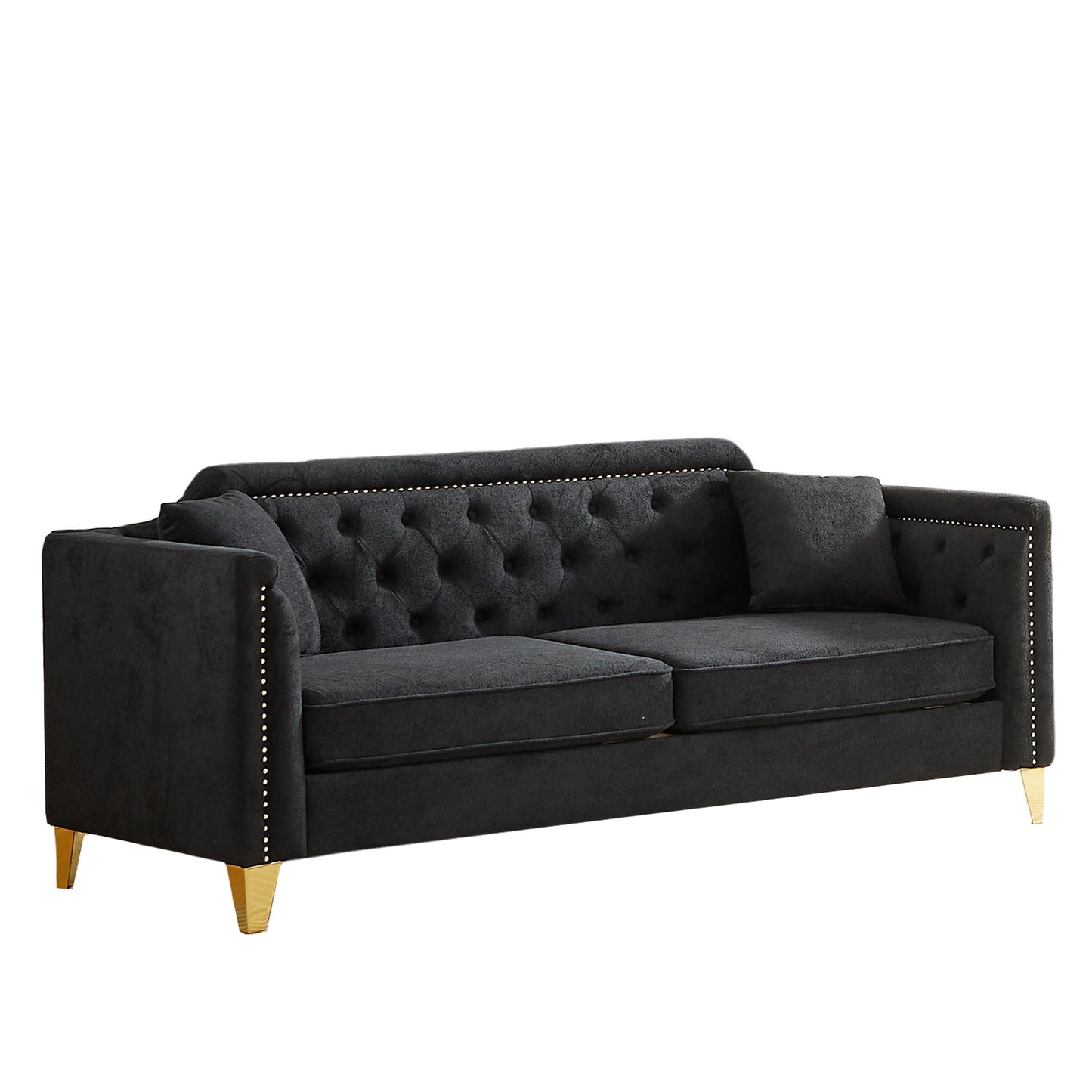 Black Chenille 3-seater Tufted Sofa with Copper Nail Decoration