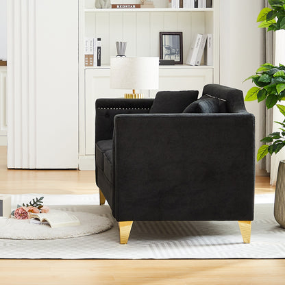 Black Chenille 3-seater Tufted Sofa with Copper Nail Decoration