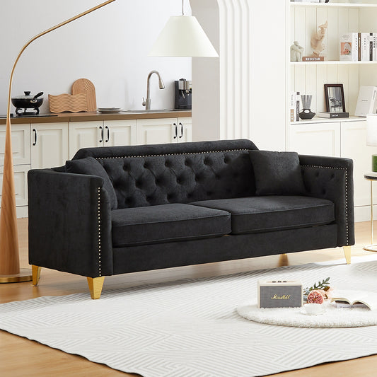 Black Chenille 3-seater Tufted Sofa with Copper Nail Decoration