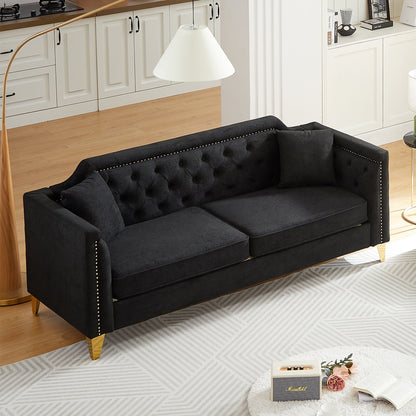 Black Chenille 3-seater Tufted Sofa with Copper Nail Decoration