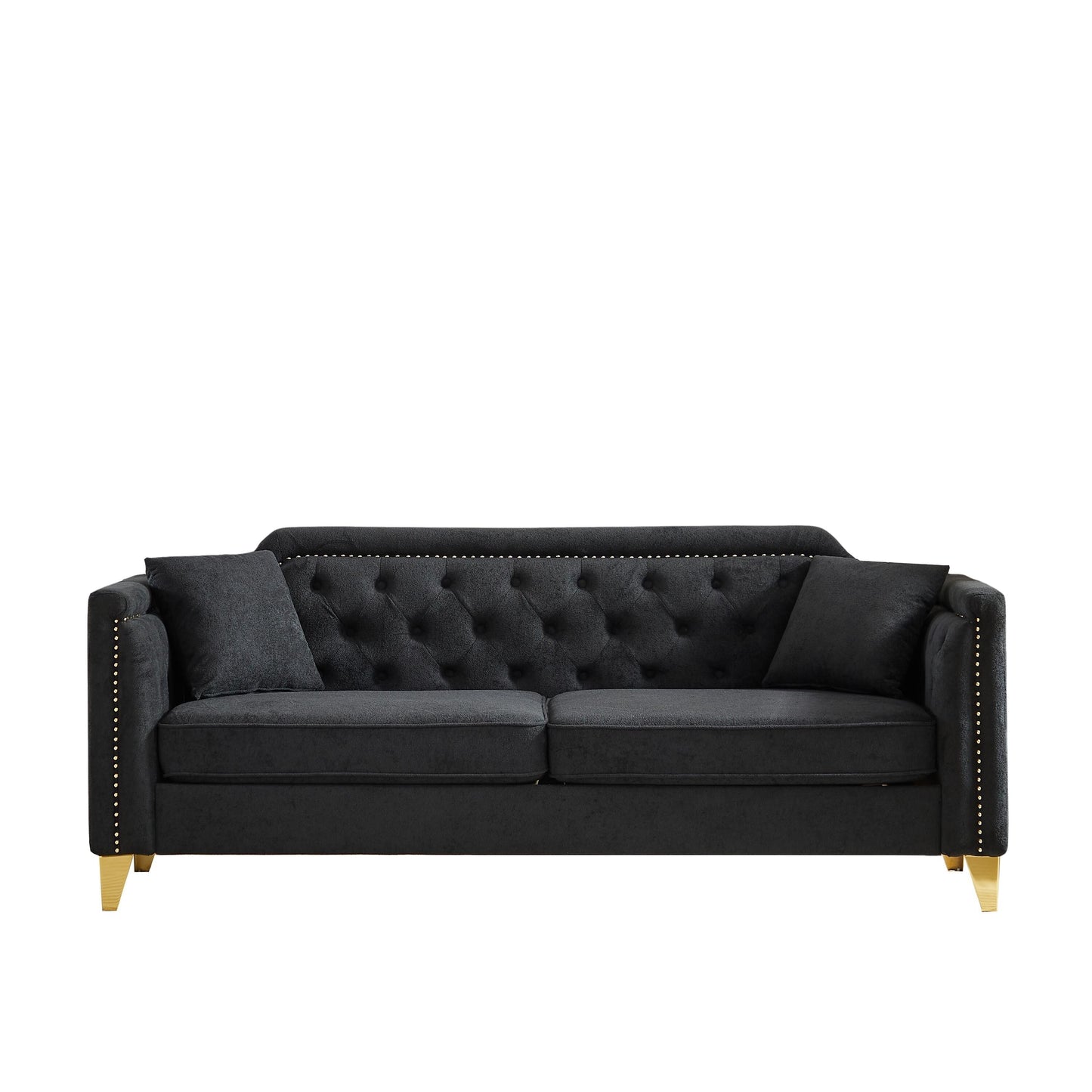 Black Chenille 3-seater Tufted Sofa with Copper Nail Decoration