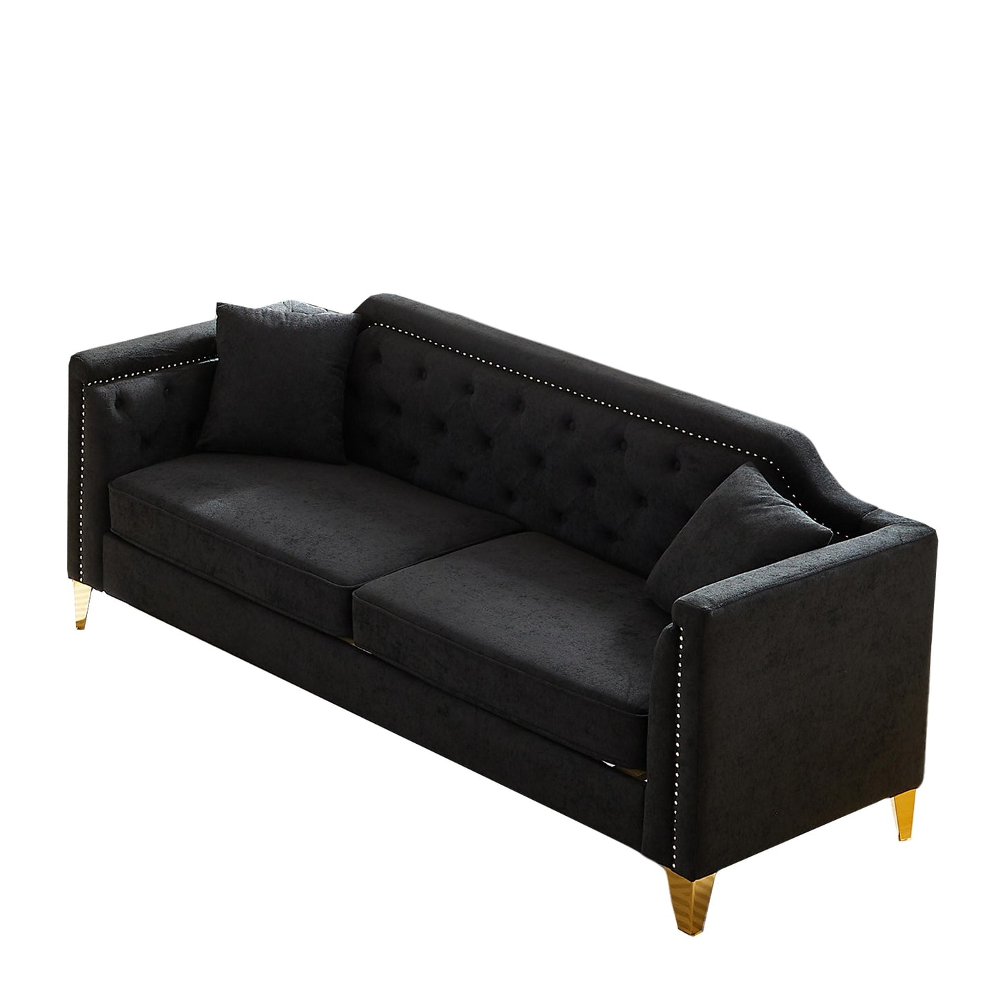 Black Chenille 3-seater Tufted Sofa with Copper Nail Decoration
