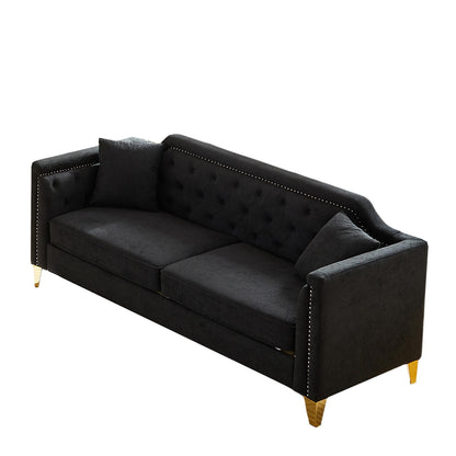 Black Chenille 3-seater Tufted Sofa with Copper Nail Decoration