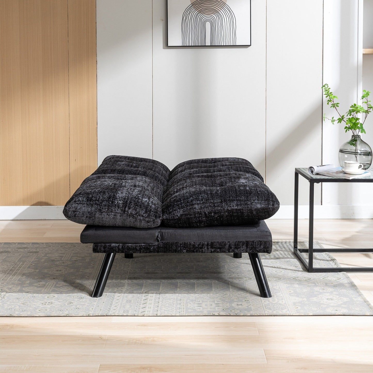 Black Chenille Convertible Loveseat Futon Sofa Bed