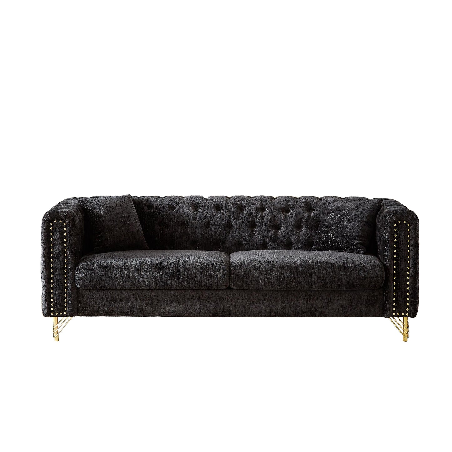 Black Chenille Tufted Upholstered 3-seater Sofa with Metal Legs