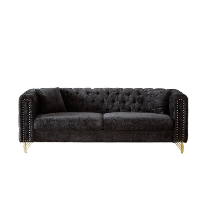 Black Chenille Tufted Upholstered 3-seater Sofa with Metal Legs