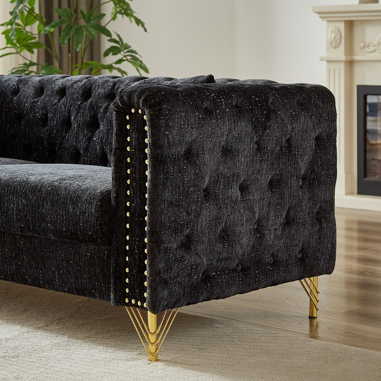 Black Chenille Tufted Upholstered 3-seater Sofa with Metal Legs