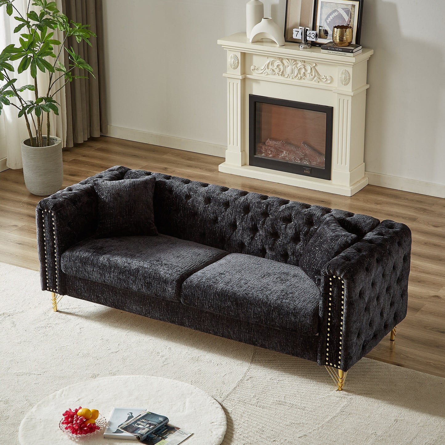 Black Chenille Tufted Upholstered 3-seater Sofa with Metal Legs