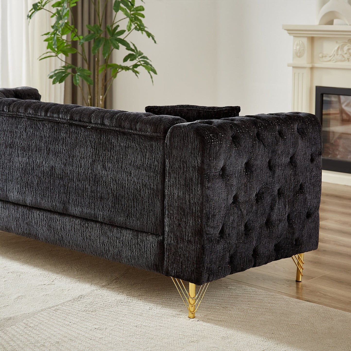 Black Chenille Tufted Upholstered 3-seater Sofa with Metal Legs