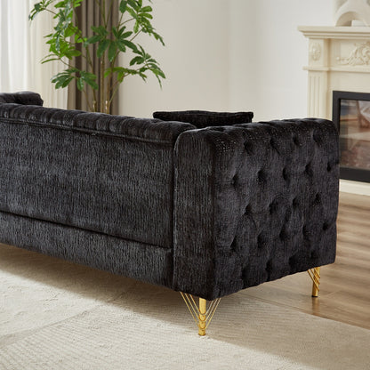 Black Chenille Tufted Upholstered 3-seater Sofa with Metal Legs