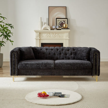 Black Chenille Tufted Upholstered 3-seater Sofa with Metal Legs