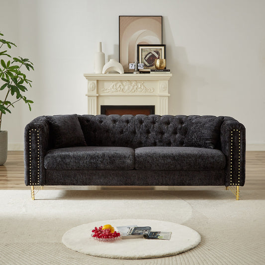 Black Chenille Tufted Upholstered 3-seater Sofa with Metal Legs
