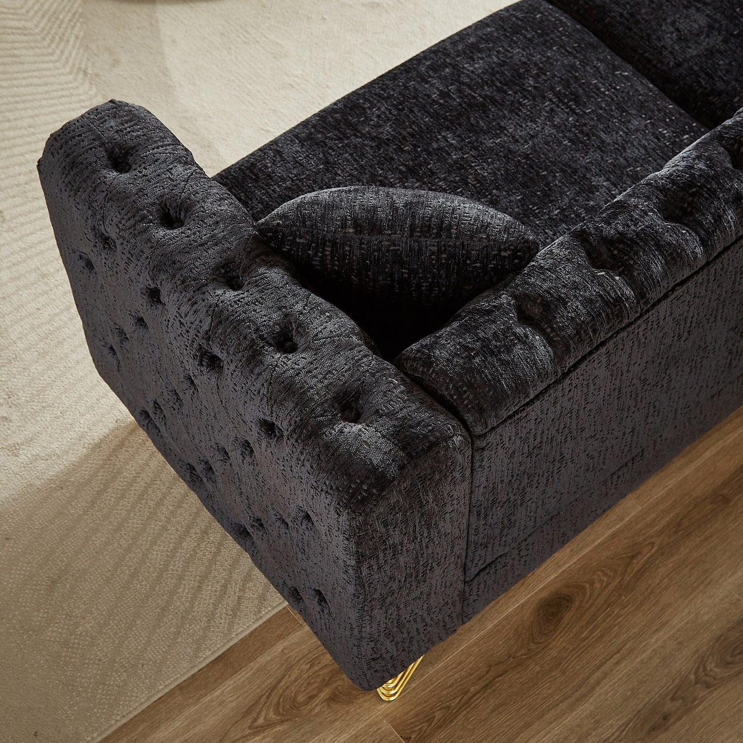 Black Chenille Tufted Upholstered 3-seater Sofa with Metal Legs