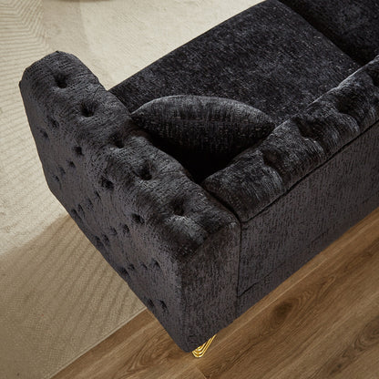 Black Chenille Tufted Upholstered 3-seater Sofa with Metal Legs