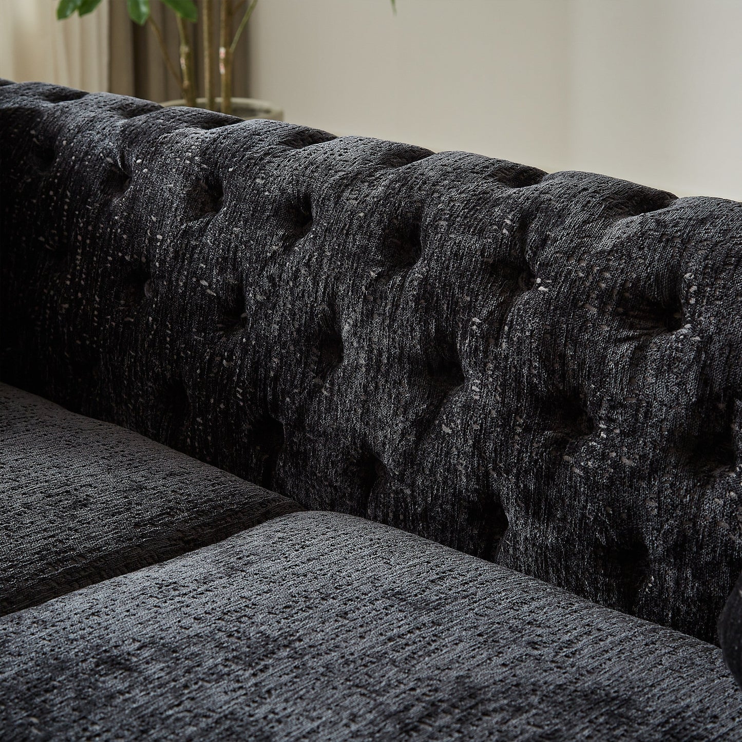 Black Chenille Tufted Upholstered 3-seater Sofa with Metal Legs