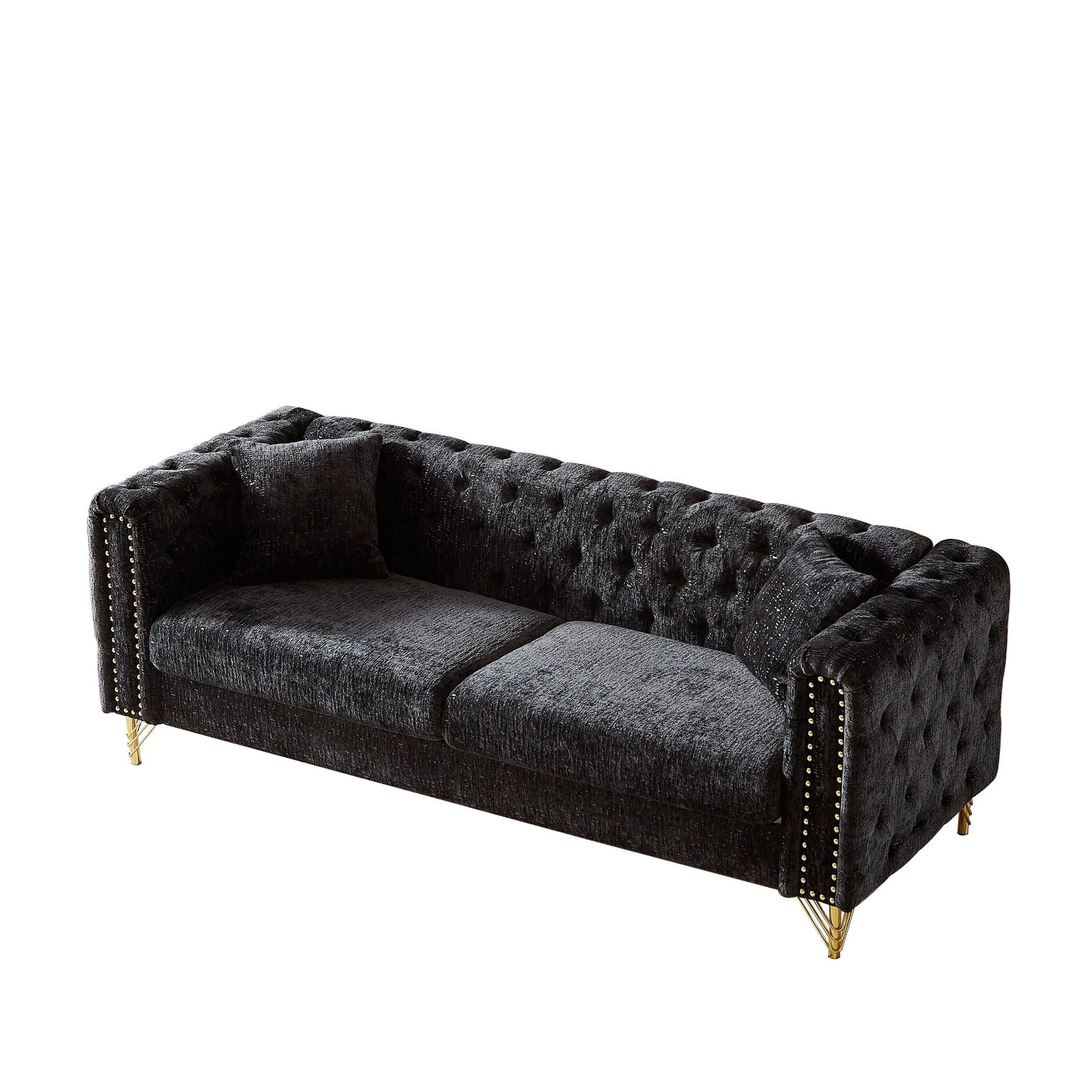Black Chenille Tufted Upholstered 3-seater Sofa with Metal Legs