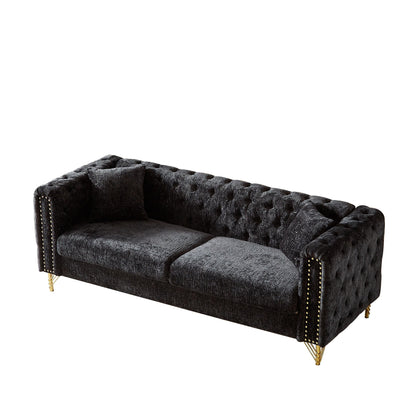 Black Chenille Tufted Upholstered 3-seater Sofa with Metal Legs