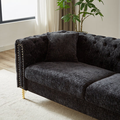 Black Chenille Tufted Upholstered 3-seater Sofa with Metal Legs