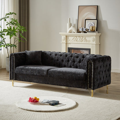 Black Chenille Tufted Upholstered 3-seater Sofa with Metal Legs