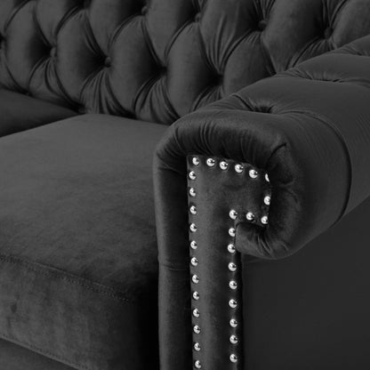 Black Chesterfield 61 Button Tufted Upholstered Loveseat Sofa with Nailheads and Wood Legs for Living Room