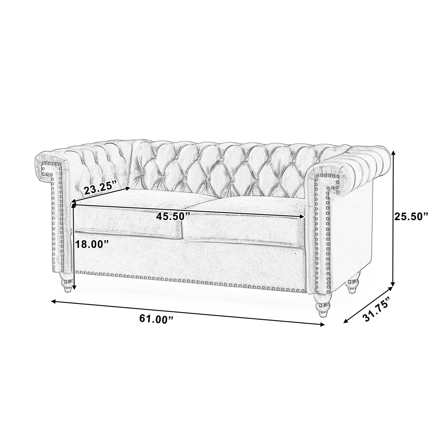 Black Chesterfield 61 Button Tufted Upholstered Loveseat Sofa with Nailheads and Wood Legs for Living Room