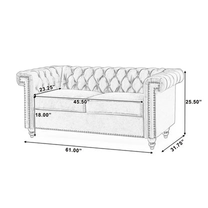 Black Chesterfield 61 Button Tufted Upholstered Loveseat Sofa with Nailheads and Wood Legs for Living Room