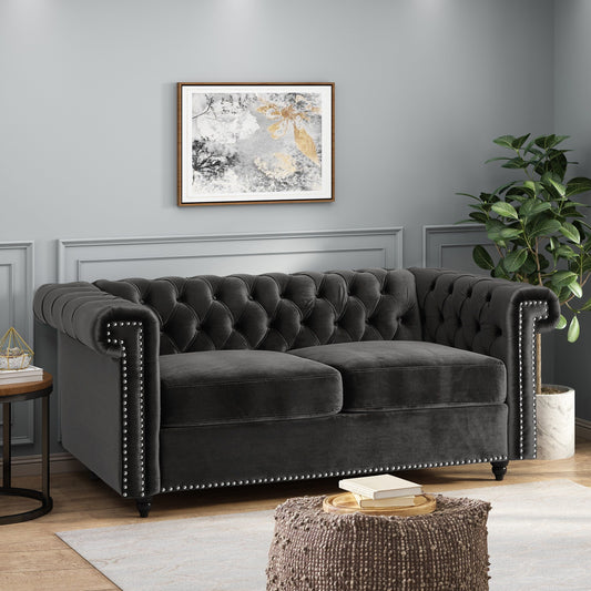 Black Chesterfield 61 Button Tufted Upholstered Loveseat Sofa with Nailheads and Wood Legs for Living Room