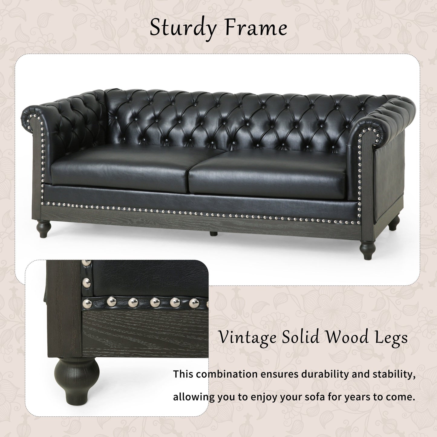 Black Chesterfield 78.75 Faux Leather 3-seater Sofa with Wood Legs and Nailheads for Living Room