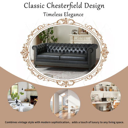 Black Chesterfield 78.75 Faux Leather 3-seater Sofa with Wood Legs and Nailheads for Living Room