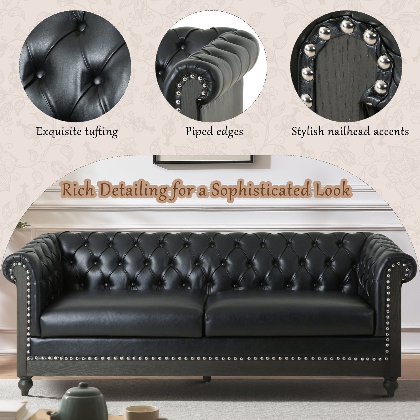 Black Chesterfield 78.75 Faux Leather 3-seater Sofa with Wood Legs and Nailheads for Living Room